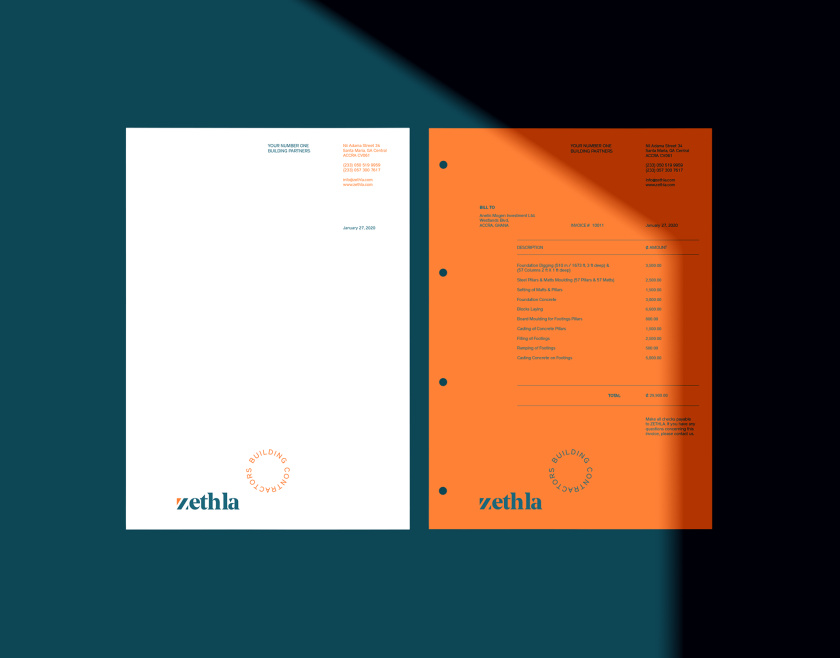 Zethla 建筑公司logo設(shè)計vi設(shè)計，正方形被斜切出字母Z+藍橙工業(yè)配色