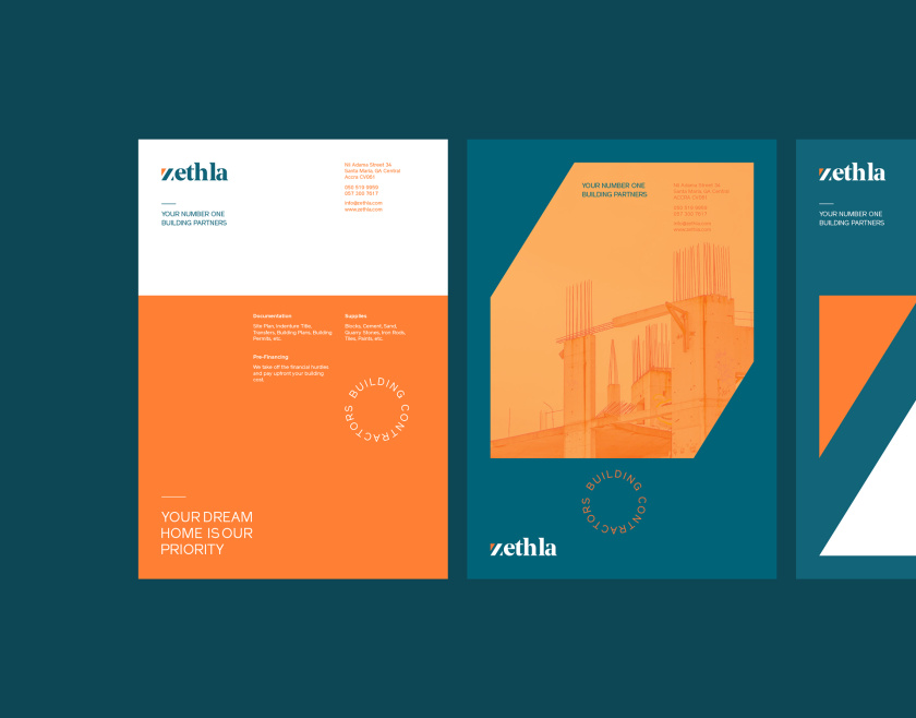 Zethla 建筑公司logo設(shè)計vi設(shè)計，正方形被斜切出字母Z+藍橙工業(yè)配色