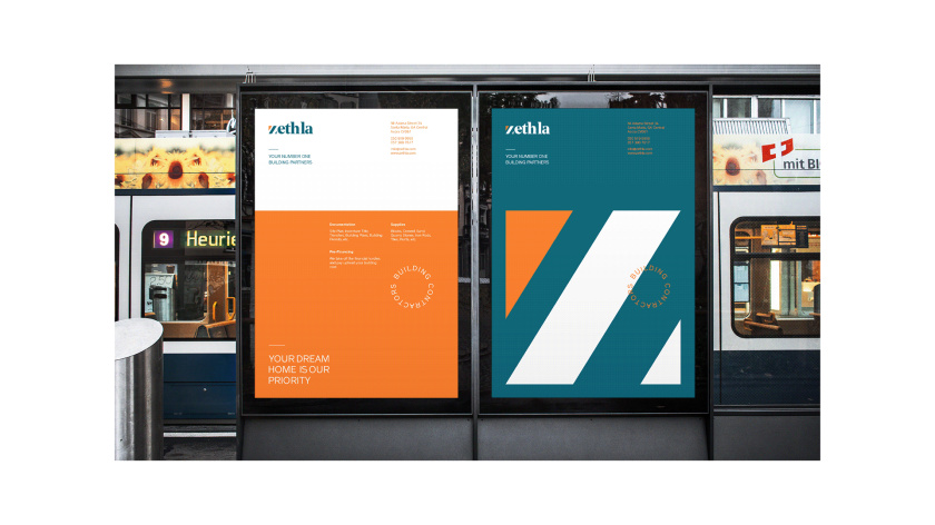 Zethla 建筑公司logo設(shè)計vi設(shè)計，正方形被斜切出字母Z+藍橙工業(yè)配色