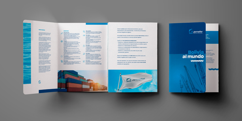 Jennefer國際港口品牌vi形象設計logo設計，大型起吊機元素與沉穩活力藍色配色-宣傳冊設計