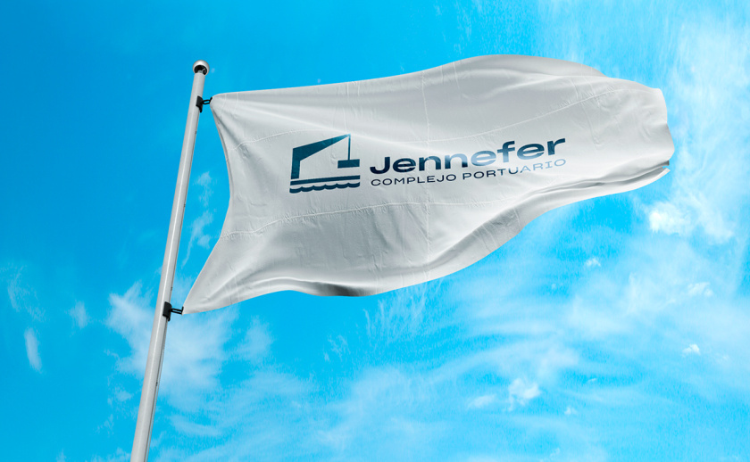 Jennefer國際港口品牌vi形象設計logo設計，大型起吊機元素與沉穩活力藍色配色-企業旗幟設計