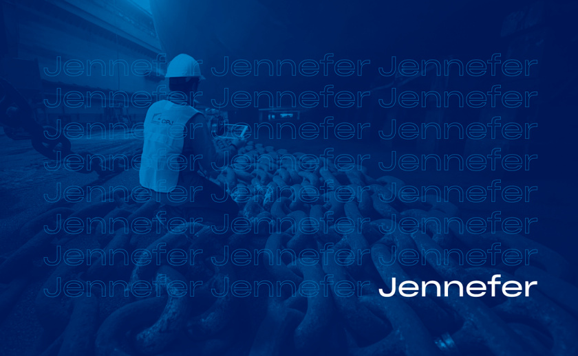 Jennefer國際港口品牌vi形象設計logo設計，大型起吊機元素與沉穩活力藍色配色