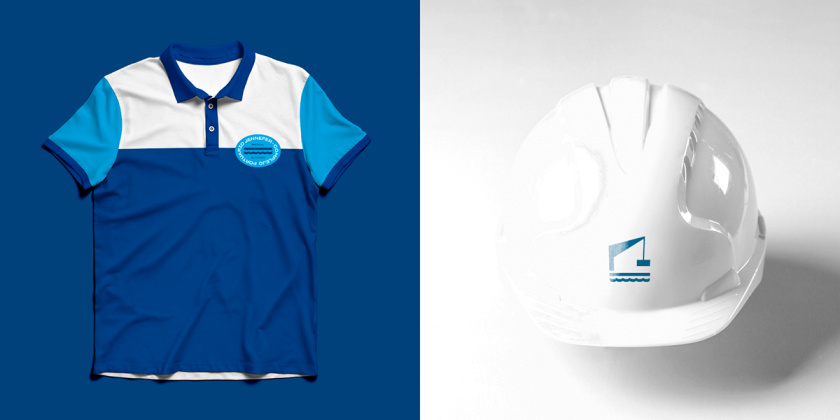 Jennefer國際港口品牌vi形象設計logo設計，大型起吊機元素與沉穩活力藍色配色-員工服飾安全帽設計