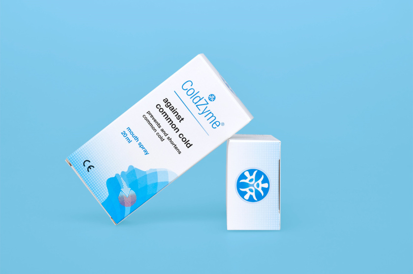 Coldzyme預防感冒病菌口腔噴霧劑包裝設計，色塊面部+箭頭喉嚨發炎圖形