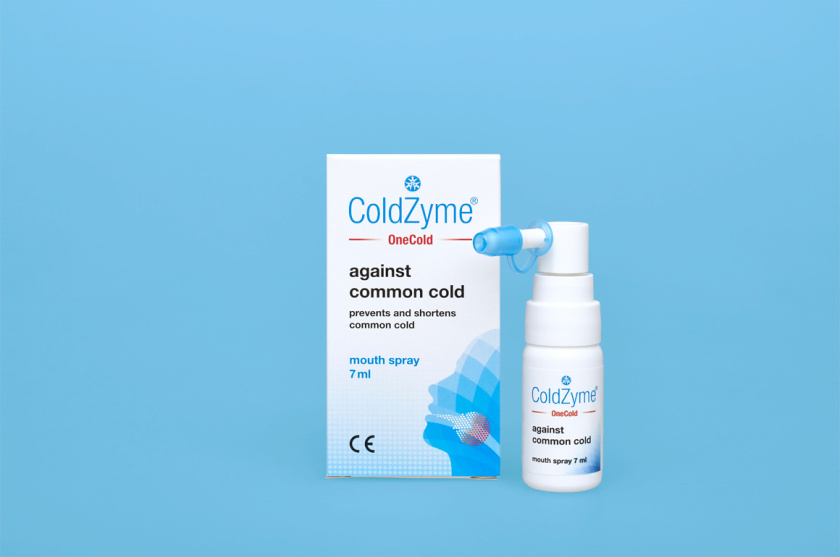 Coldzyme預防感冒病菌口腔噴霧劑包裝設計，色塊面部+箭頭喉嚨發炎圖形