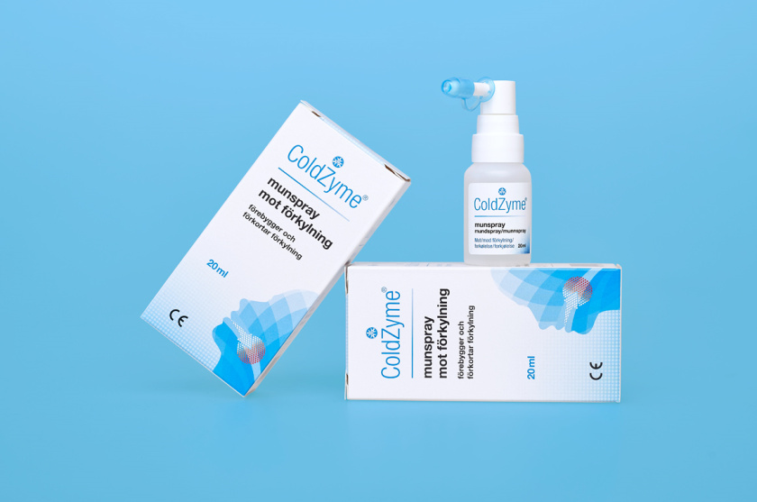 Coldzyme預防感冒病菌口腔噴霧劑包裝設計，色塊面部+箭頭喉嚨發炎圖形