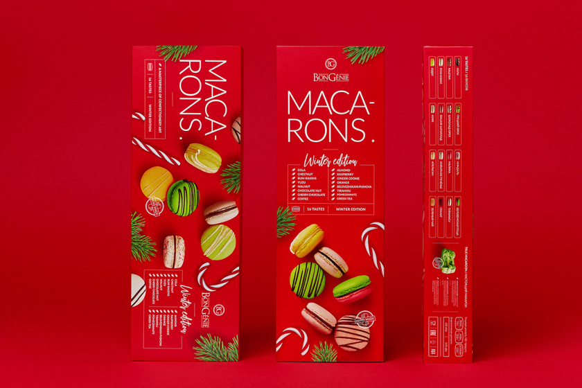 BonGenie馬卡龍糕點節日禮品裝食品包裝設計，喜慶紅色+糕點照片