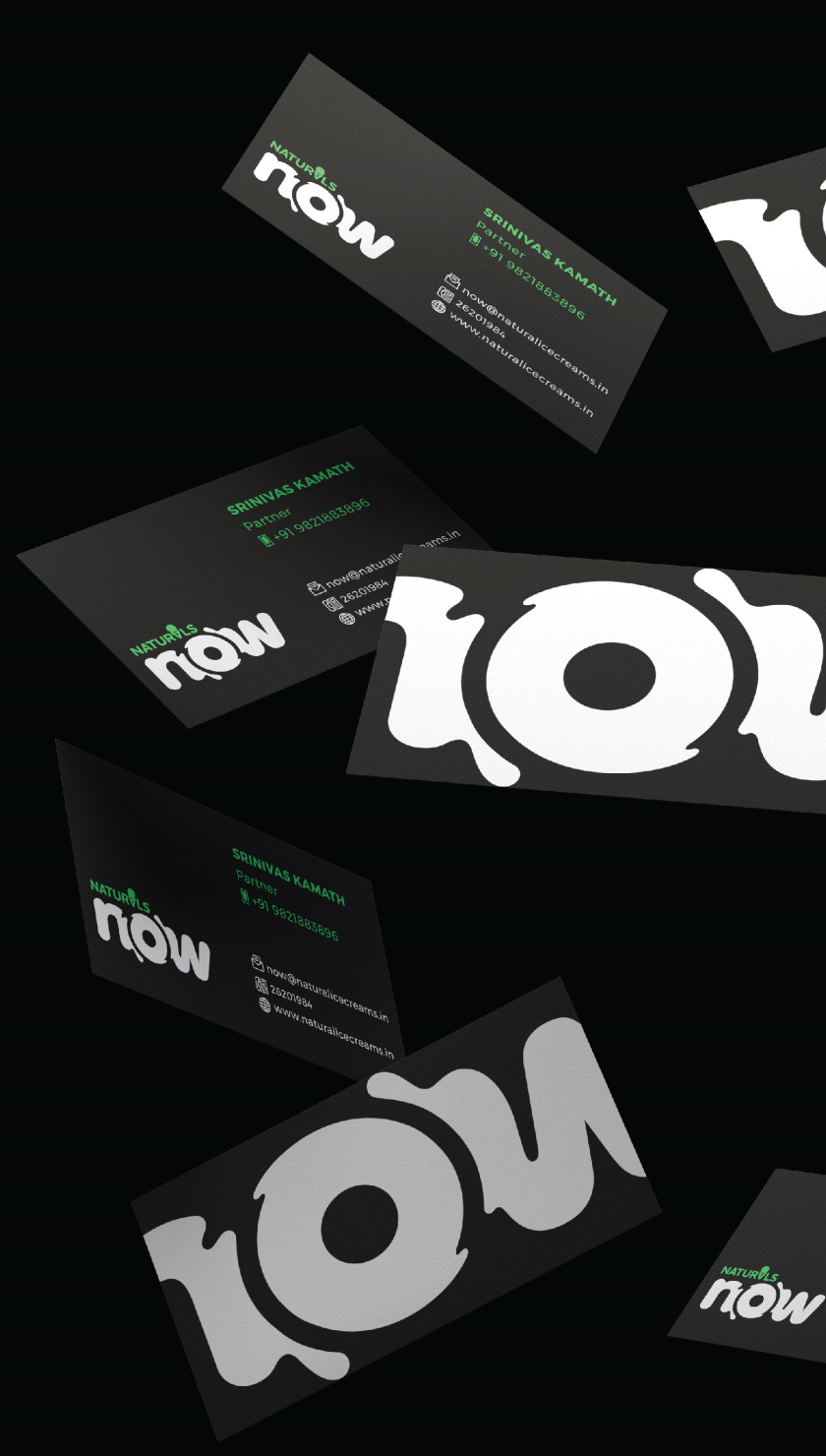 Naturals Now 黑白風格冰淇淋品牌logo設計名片設計，像奶油流動的白色大寫字母now