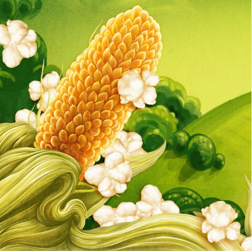 Tiny Mighty 袋裝爆米花包裝設計，非常藝術的田園風格玉米與農莊插畫設計