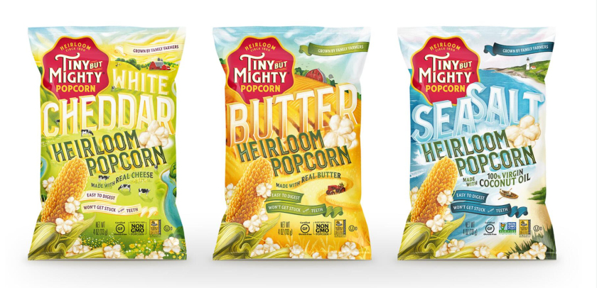 Tiny Mighty 袋裝爆米花包裝設計，非常藝術的田園風格玉米與農莊插畫設計