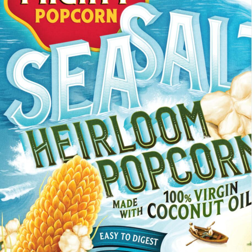 Tiny Mighty 袋裝爆米花包裝設計，非常藝術的田園風格玉米與農莊插畫設計