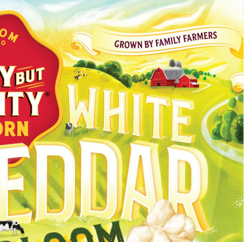 Tiny Mighty 袋裝爆米花包裝設計，非常藝術的田園風格玉米與農莊插畫設計