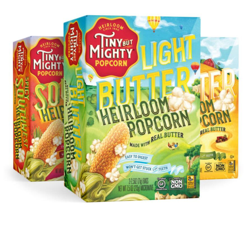 Tiny Mighty 袋裝爆米花包裝設計，非常藝術的田園風格玉米與農莊插畫設計