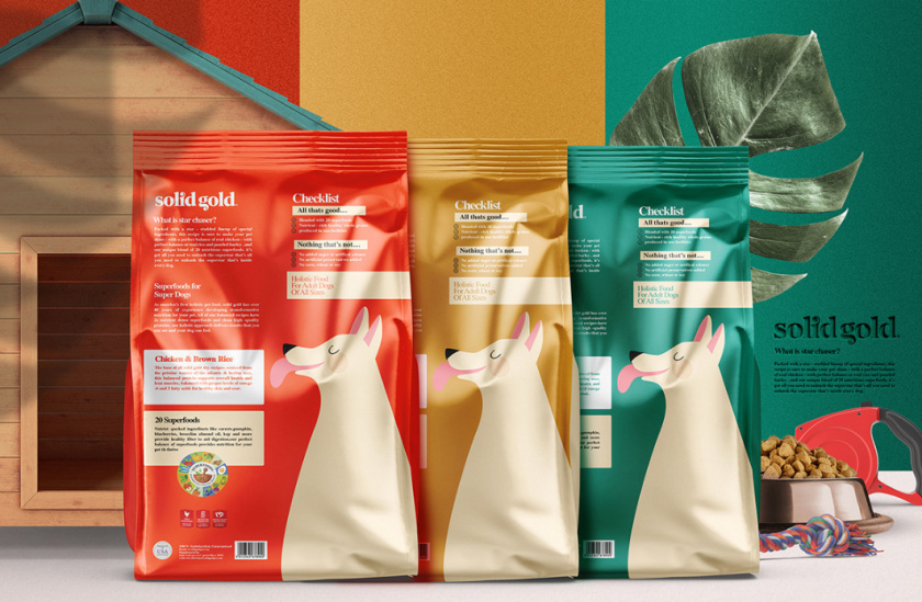 Solid Gold 純金狗糧包裝設計，寵物與主人的簡約扁平插畫風格