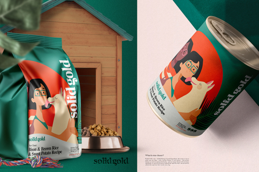 Solid Gold 純金狗糧包裝設計，寵物與主人的簡約扁平插畫風格