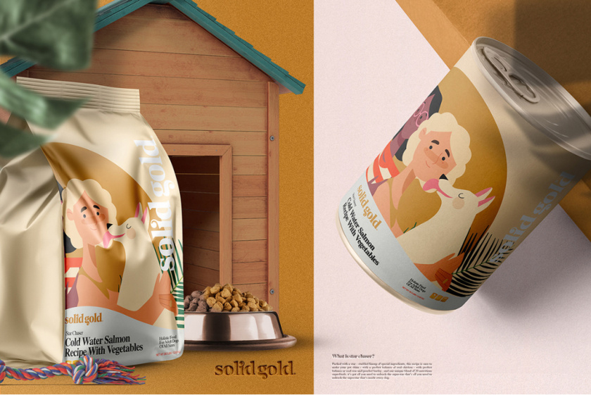 Solid Gold 純金狗糧包裝設計，寵物與主人的簡約扁平插畫風格