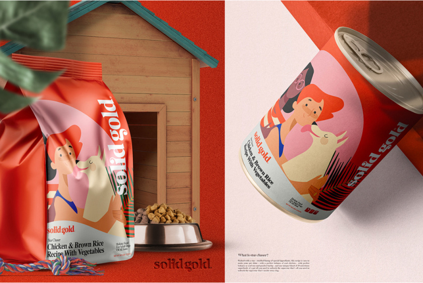 Solid Gold 純金狗糧包裝設計，寵物與主人的簡約扁平插畫風格