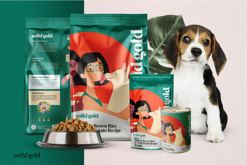 Solid Gold 純金狗糧包裝設計，寵物與主人的簡約扁平插畫風格