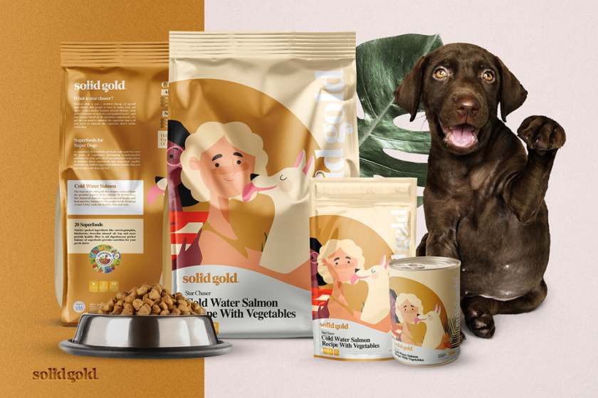 Solid Gold 純金狗糧包裝設計，寵物與主人的簡約扁平插畫風格