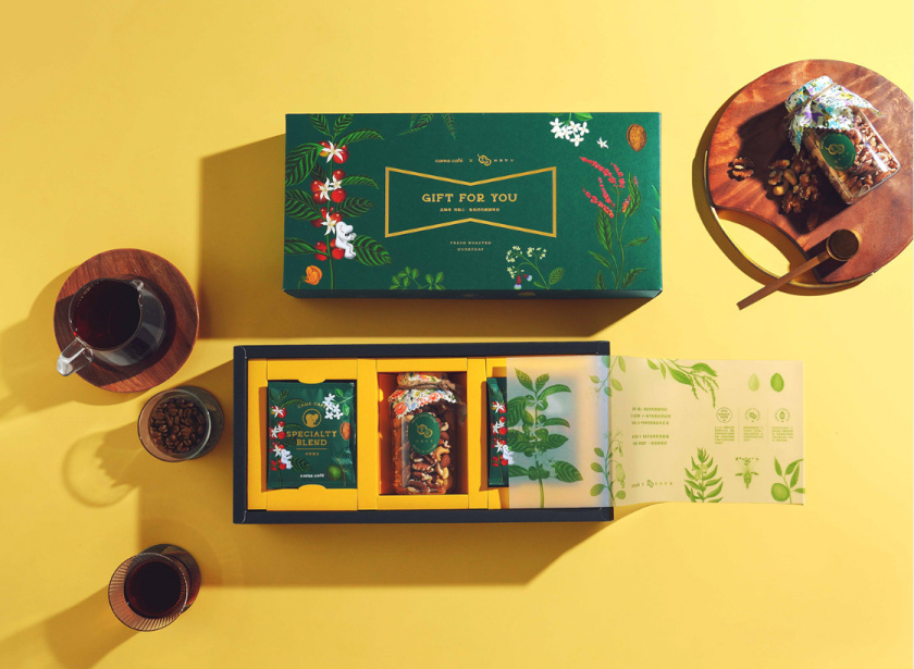 cama café 咖啡堅果中秋團圓禮盒包裝設計“植物草本花卉插畫”風格