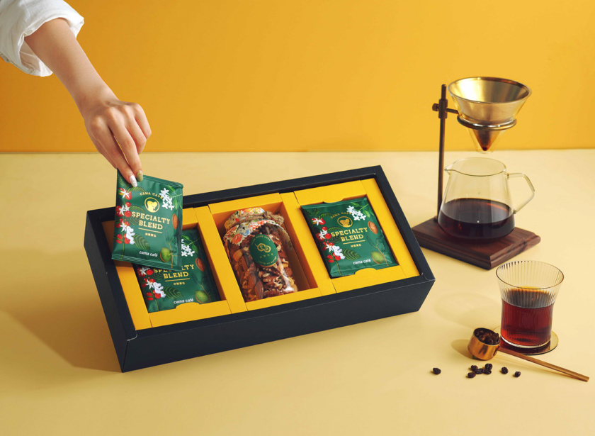 cama café 咖啡堅果中秋團圓禮盒包裝設計“植物草本花卉插畫”風格