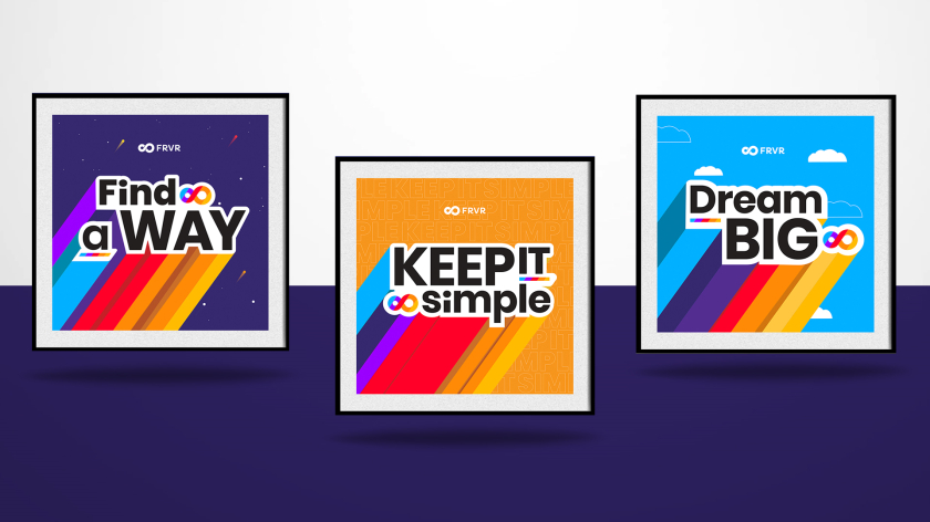 FRVR免費休閑游戲平臺網站品牌重塑，對角線顏色分割無窮大造型LOGO設計+動感線條輔助圖形