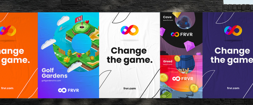 FRVR免費休閑游戲平臺網站品牌重塑，對角線顏色分割無窮大造型LOGO設計+動感線條輔助圖形