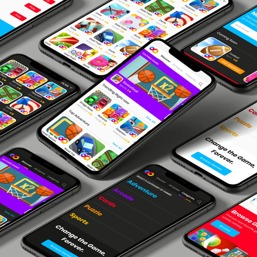 FRVR免費休閑游戲平臺網站品牌重塑，對角線顏色分割無窮大造型LOGO設計網站設計