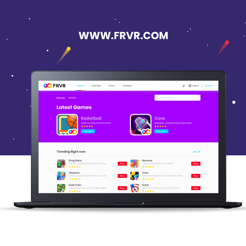 FRVR免費休閑游戲平臺網站品牌重塑，對角線顏色分割無窮大造型LOGO設計網站設計