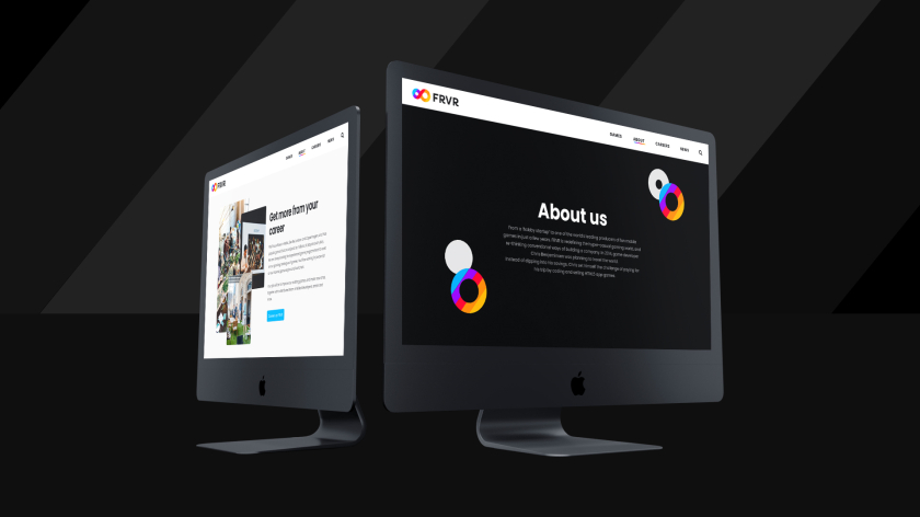 FRVR免費休閑游戲平臺網站品牌重塑，對角線顏色分割無窮大造型LOGO設計網站設計
