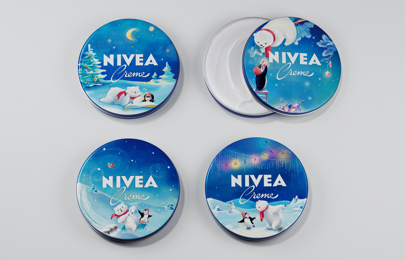 妮維雅護膚品圣誕節禮品包裝設計“北極熊和企鵝的友誼”卡通插畫設計