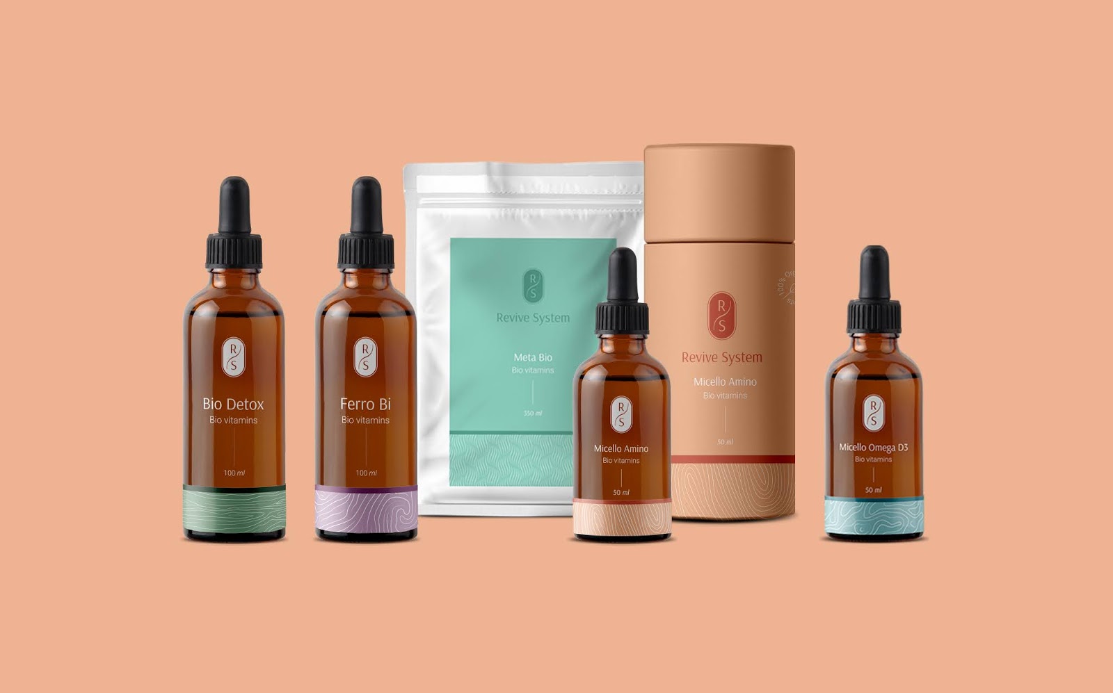 RS(Revive System)復合維生素保健品包裝設計，接近精油化妝品的優雅的高識別包裝