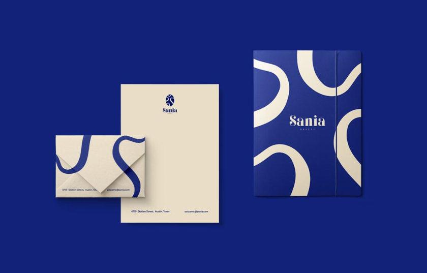 sania 烘培面包店品牌vi形象設計，寶藍色面包手繪線條輪廓圖案