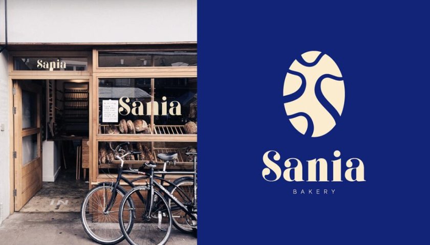sania 烘培面包店logo設計品牌vi形象設計，寶藍色面包手繪線條輪廓圖案