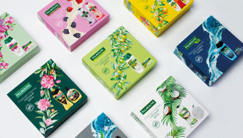 Palmolive 洗護沐浴露禮品套裝禮盒包裝設計，對角線植物圖案