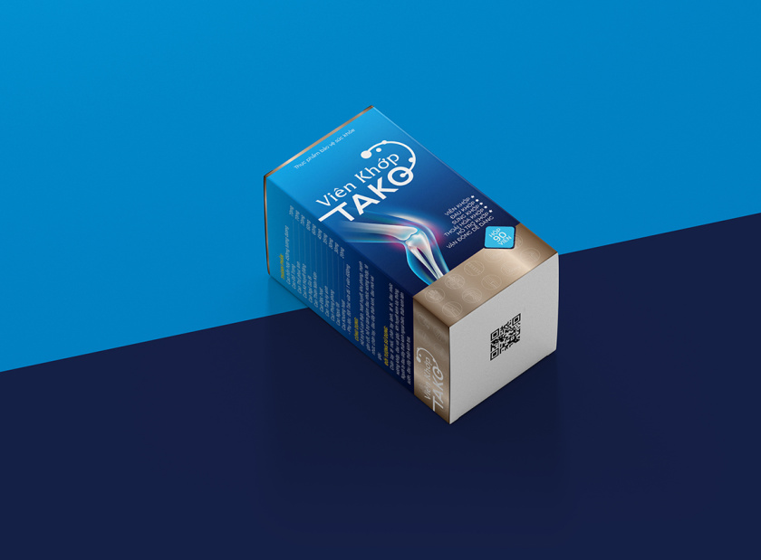 Tako 關(guān)節(jié)補充劑藥品保健品包裝設(shè)計，膝關(guān)節(jié)在藍色光面紙材料的圖像顯示