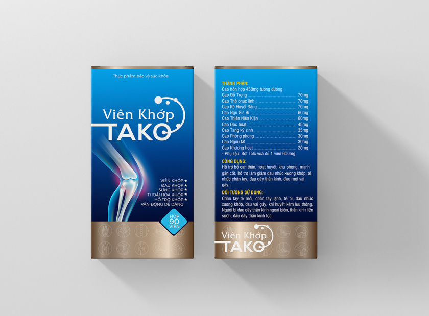 Tako 關(guān)節(jié)補充劑藥品保健品包裝設(shè)計，膝關(guān)節(jié)在藍色光面紙材料的圖像顯示