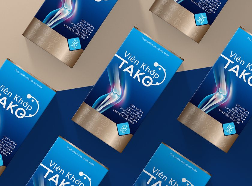 Tako 關(guān)節(jié)補充劑藥品保健品包裝設(shè)計，膝關(guān)節(jié)在藍色光面紙材料的圖像顯示