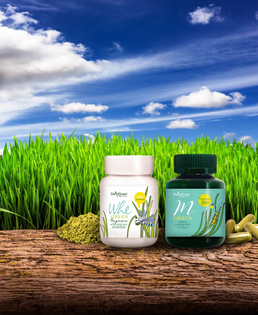 Daily Green有機小麥草膳食營養補充劑產品包裝設計，“小草+昆蟲”插畫