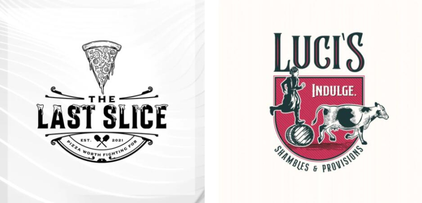 左圖：帶有披薩片圖像的黑白徽標logo 右圖：帶有標語的紅色和灰色標志logo顯示一個女人在桶上追逐一頭牛