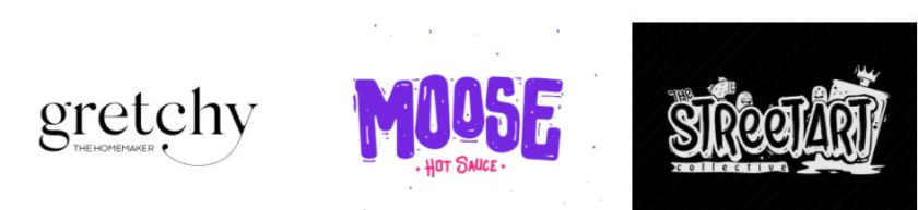 左圖：小寫襯線字體徽標 中圖：帶有線條圖案的白色背景下的厚紫色文本 右圖：黑色背景下的白色涂鴉風格文本