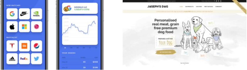  左圖：顯示交易應用程序設計的智能手機屏幕 右圖：插圖風格的網站設計與狗和狗食