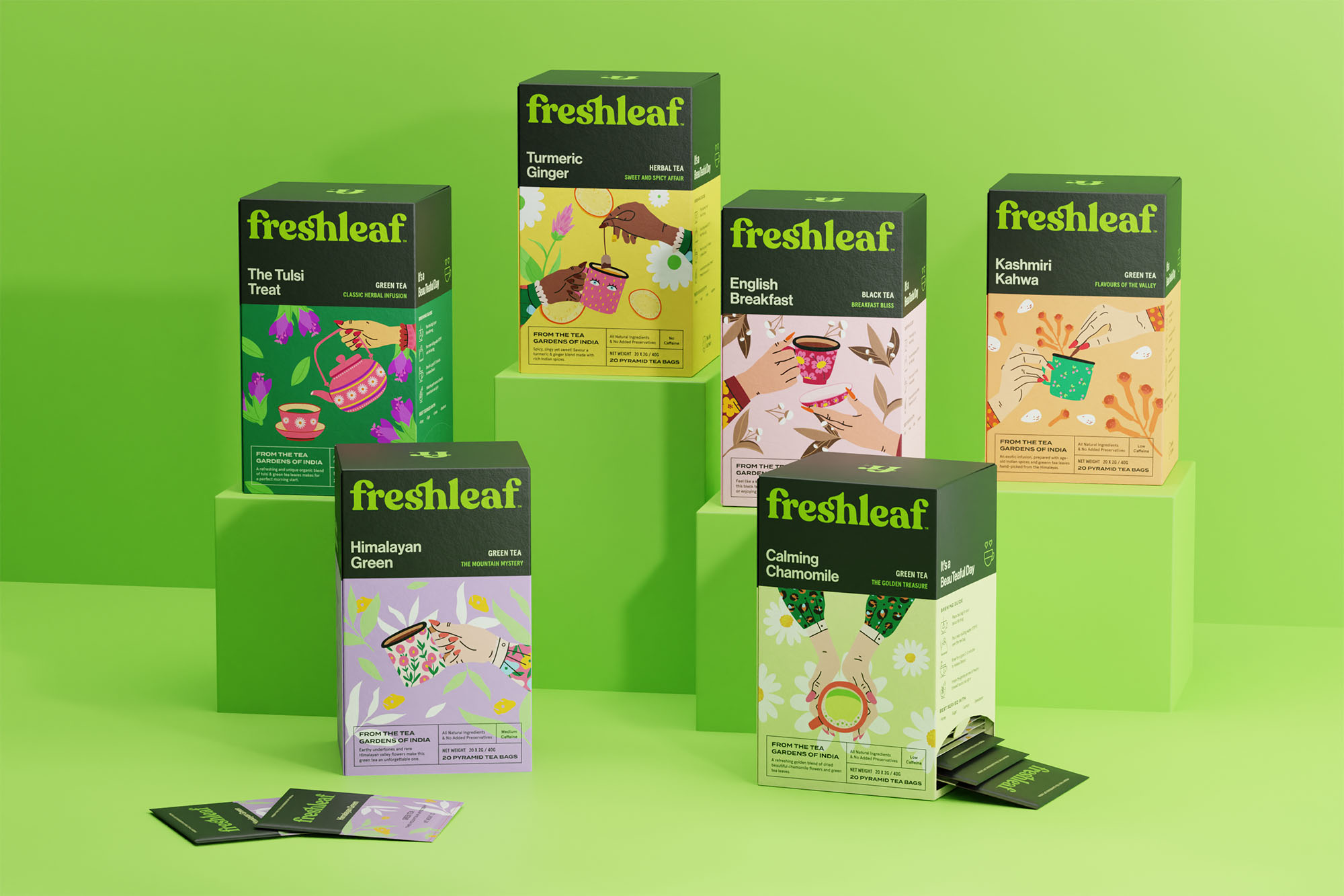 Freshleaf袋泡茶葉包裝設計，現代時尚矢量插畫風格