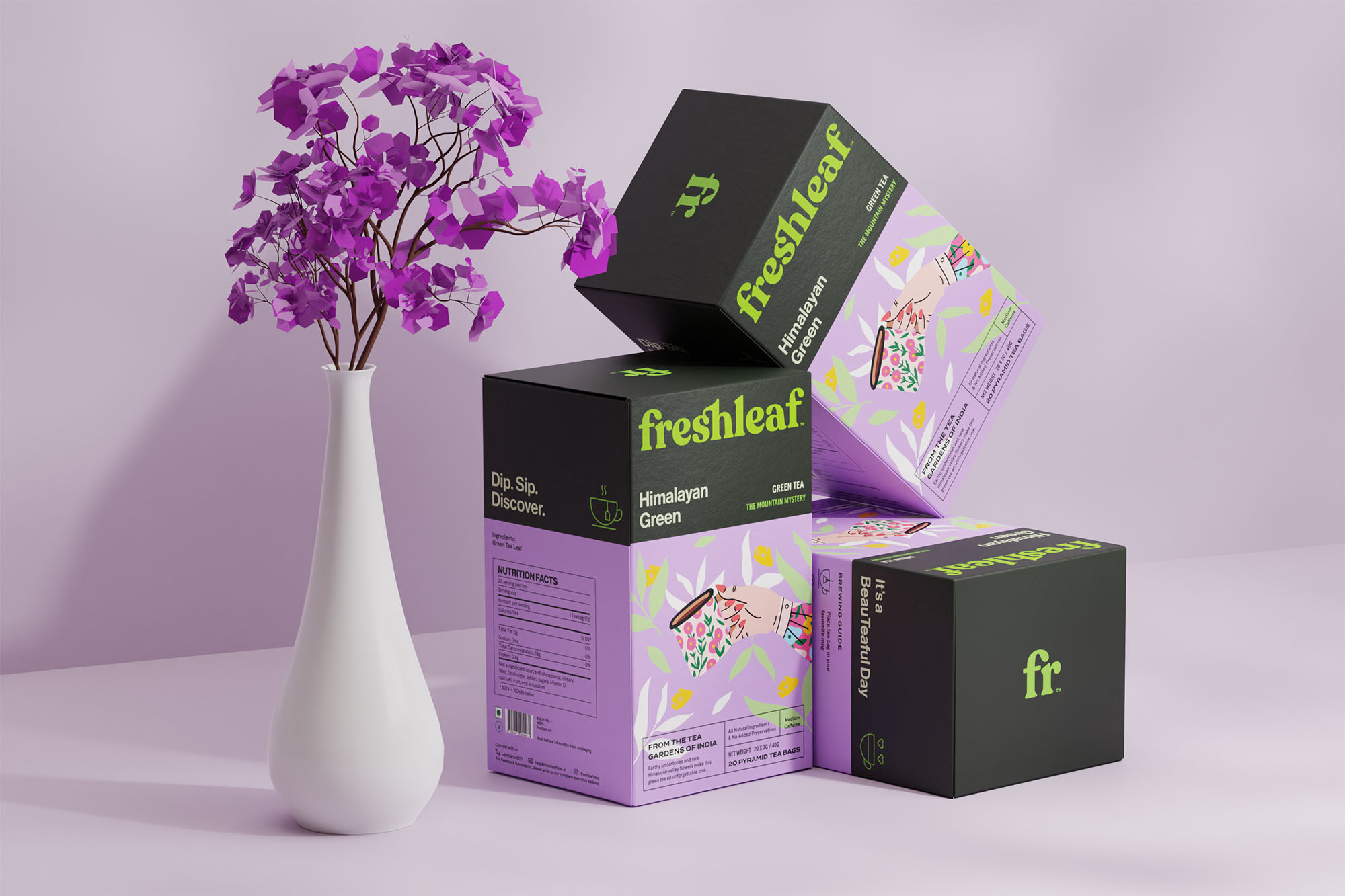 Freshleaf袋泡茶葉包裝設計，現代時尚矢量插畫風格
