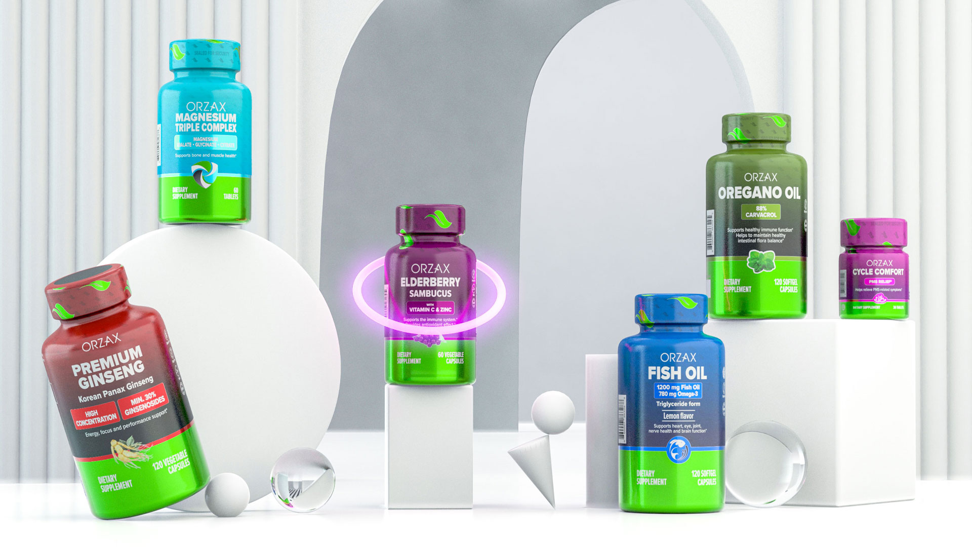 Orzax品牌營養補充劑系列保健品包裝設計，綠色搭配變色，啞光+金屬色
