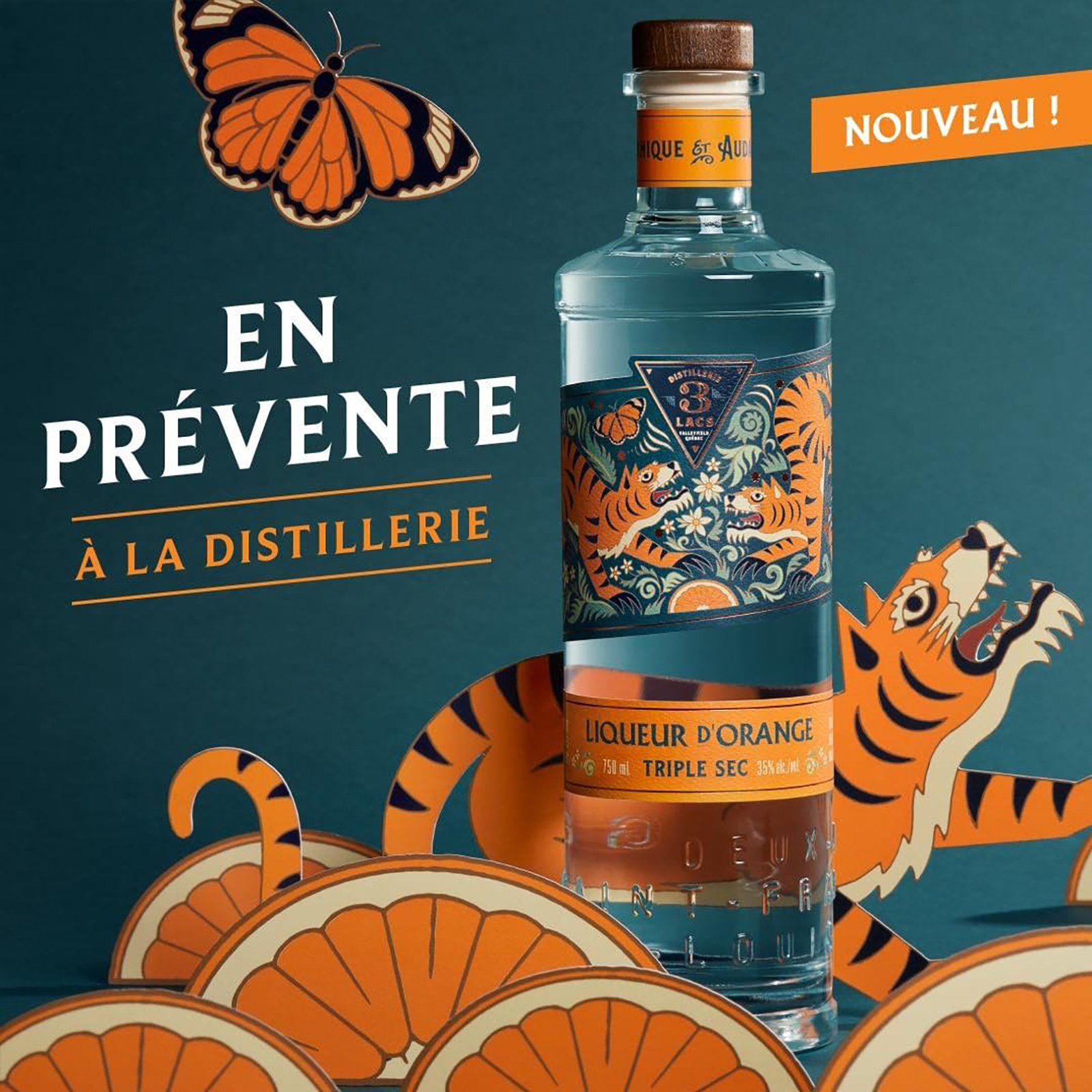 DISTILLERIE 橙利口酒包裝設計，老虎蝴蝶蝴蝶插圖設計