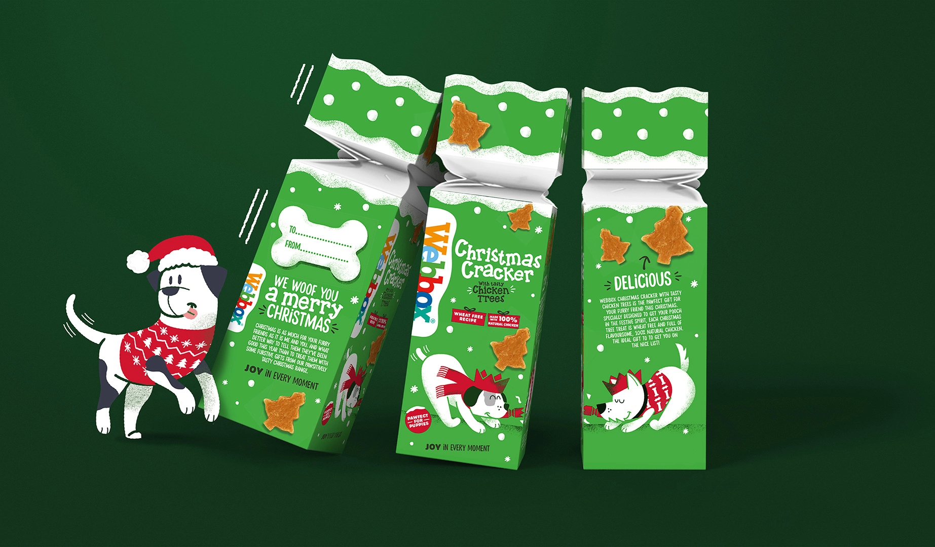 Webbox寵物食品用品貓糧狗糧圣誕節節日包裝設計，調皮搗蛋寵物插圖