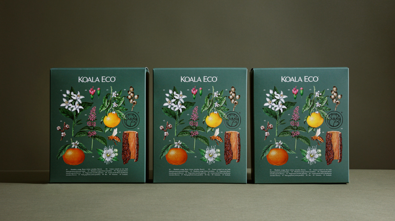 koala 植物精油綠色禮盒包裝設計，自然精致的植物花卉昆蟲插畫