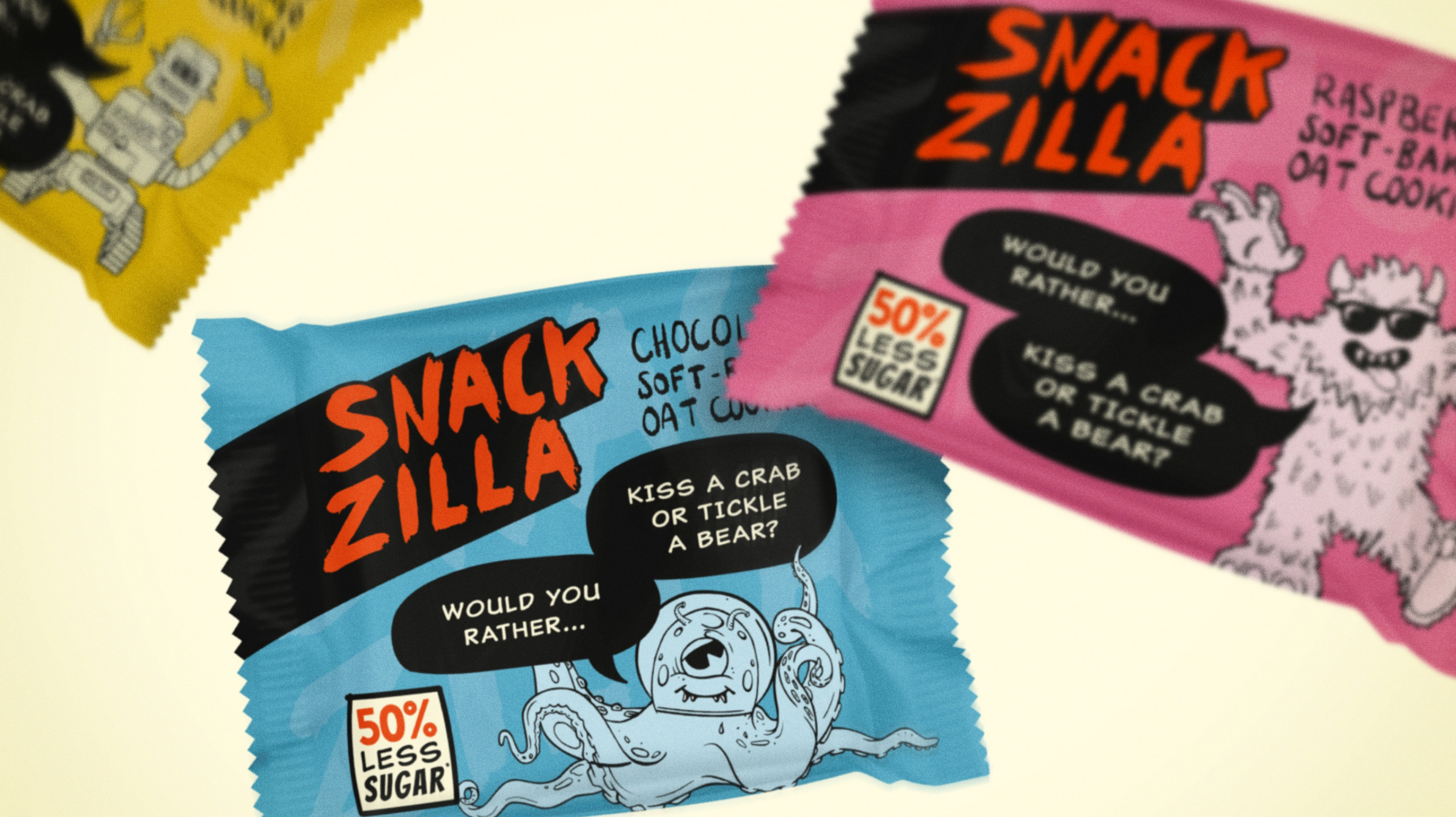 Snackzilla 燕麥餅干兒童低糖零食包裝設計，夸張的動物線條插畫