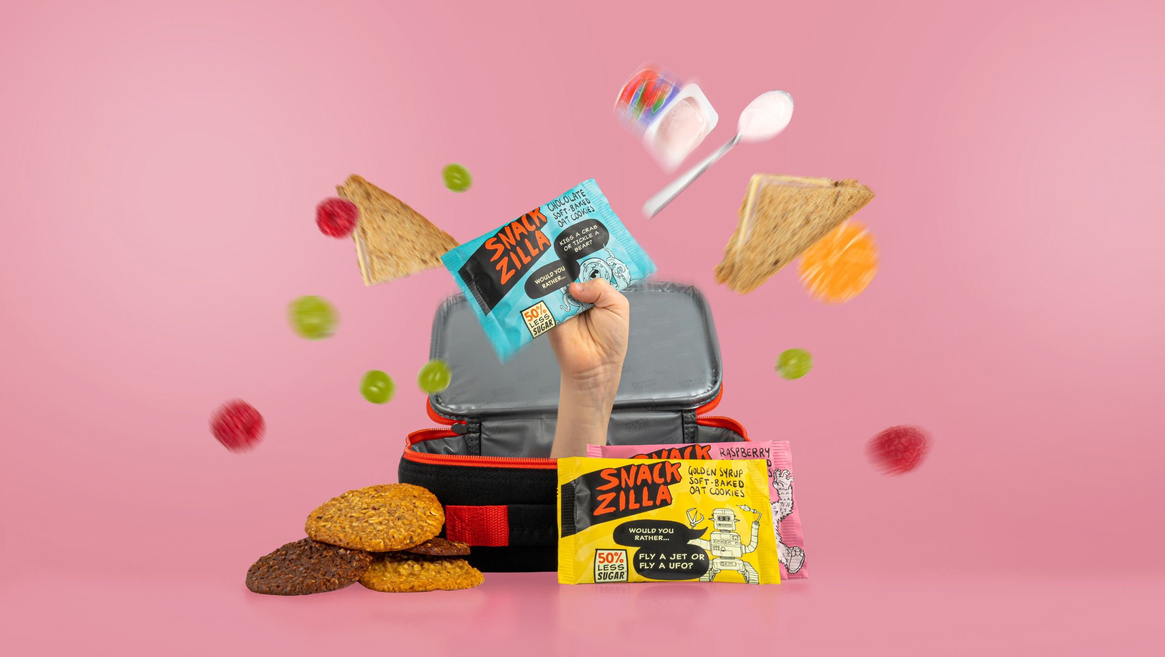 Snackzilla 燕麥餅干兒童低糖零食包裝設計，夸張的動物線條插畫